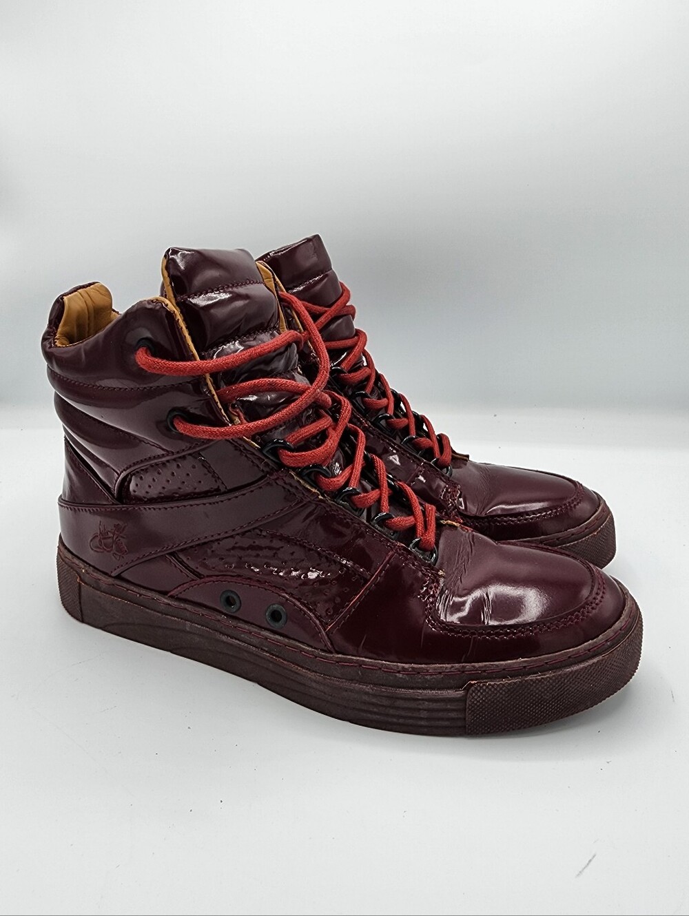 John Fluevog High-Top Patent Sneakers in Burgundy with Red Laces